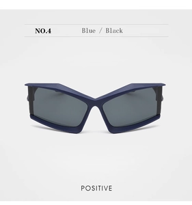 Front view of futuristic deep blue geometric sunglasses with avant-garde wide frames