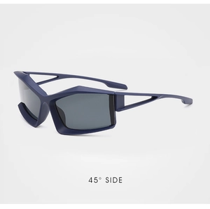 Detail view of avant-garde geometric matte blue frame with hollow triangular temples