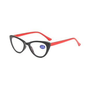 Cat eye reading glasses with black frame and red temples, blocking blue light, 45-degree view
