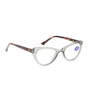Grey cat-eye blue light blocking reading glasses with tortoise temples +2.00 strength