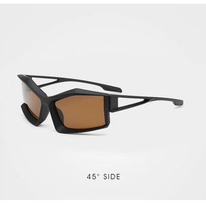 Detail of futuristic black geometric sunglasses with unique hollowed-out temple design