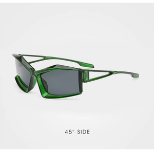 Detailed 45-degree side view of dark green translucent sunglasses with hollowed temples