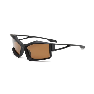 Futuristic matte black sports sunglasses with geometric cutouts and amber lenses