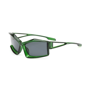 Futuristic green translucent geometric sunglasses with grey lenses and cutout temples