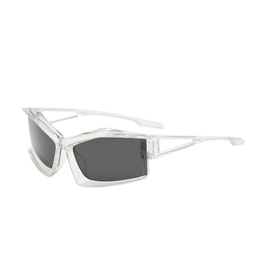Futuristic wrap-around geometric sunglasses with clear frames and dark grey lenses