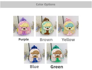 Detail showcasing five macaron-colored cartoon backpacks with animal designs and legs