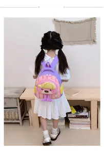 Detail of cute macaron color kids backpack with 3D cartoon bear on a child model
