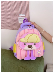 Detail of pink and purple kids backpack with 3D cartoon bear and mesh side pocket