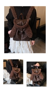 Detail of brown faux leather backpack with plush sheepskin texture and strap accents