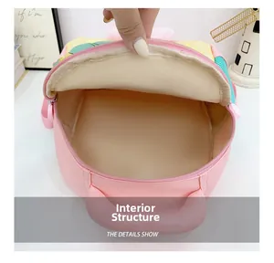 Interior view of colorful kids backpack showing large main compartment and zipper closure