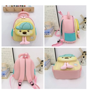 Four views of a macaron color toddler backpack with a cute 3D cartoon dog character