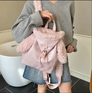Rosa Kaninchenohren Rucksack aus Plüsch und Kunstleder mit verstellbaren Schnallen
