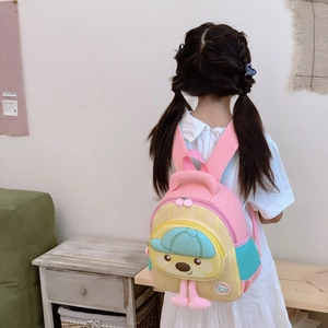Cute macaron colorblock cartoon backpack for toddlers with 3D details and padded straps