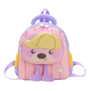 Kids macaron color-block backpack with cartoon bear design and adjustable straps