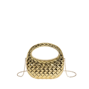 Golden acrylic evening bag with woven half-moon design and elegant metal chain strap