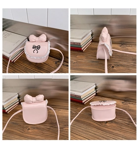 Detailed four-way view of pink girls lace crossbody bag with a 3D bow and PU leather texture