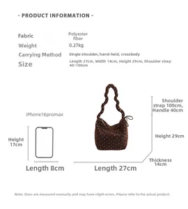 Guide des tailles du grand sac cabas indiquant 27x29cm et détails du tissu polyester