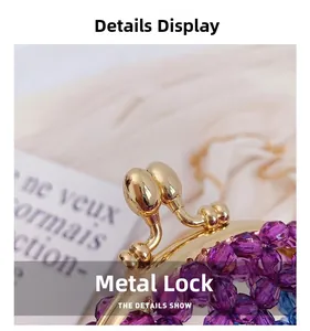 Detail of purple acrylic beaded handbag featuring a golden spherical double lock clasp