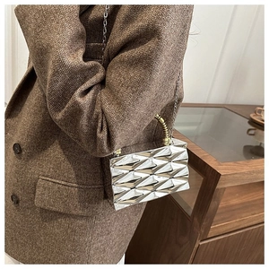Detail of silver metallic geometric evening clutch with golden spiral handle and chain