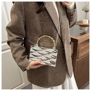 Chic silver rhombic textured acrylic box bag styled with a golden beaded handle and chain