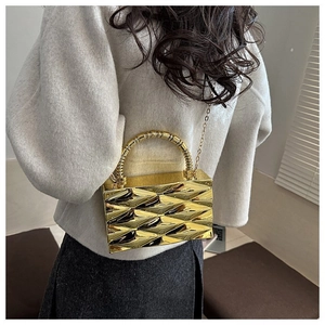 Detail of gold geometric acrylic box bag with metallic handle and chain strap on model