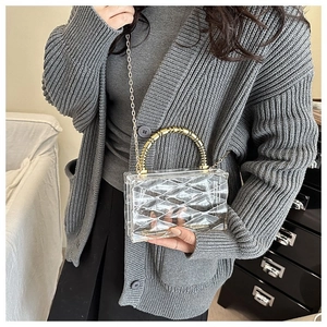 Detail of transparent acrylic box bag with gold bamboo handle and quilted texture