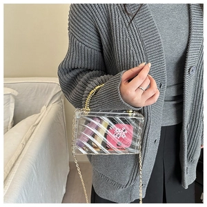 Transparent acrylic clutch bag with gold beaded handle and metal chain shown on model
