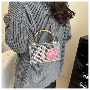 Detailed close-up of acrylic box clutch bag with gold bamboo handle and chain strap