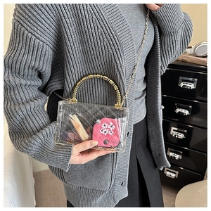 Detailed side view of clear acrylic box bag with golden bamboo handle and chain strap