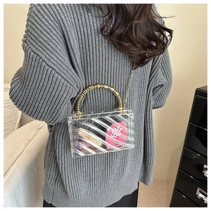 Rear view of model wearing a transparent acrylic box bag with golden bamboo handle