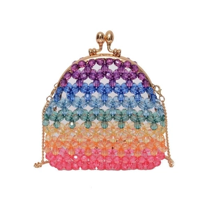 Rainbow acrylic beaded crossbody clutch bag with gold kiss-lock and metal chain strap