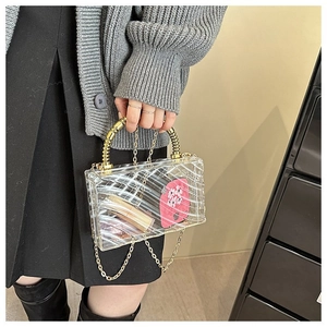 Transparent acrylic box bag with gold bamboo handle and metal chain for evening parties