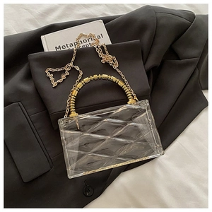 Detail of transparent acrylic box bag with gold beaded ring handle and chain strap