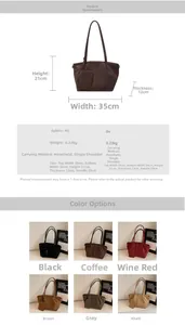 Detailed size chart for large PU tote bag including dimensions 35x21x12cm and color options