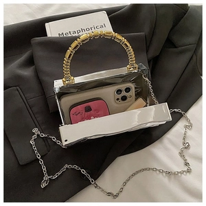 Macro shot of silver acrylic box clutch with gold beaded handle and metal chain