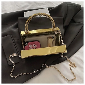 Detail view of a gold acrylic box bag interior showing capacity for phone and makeup