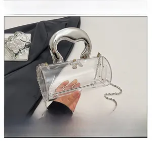 Détail d'un sac cylindrique en acrylique transparent avec une poignée en métal argenté