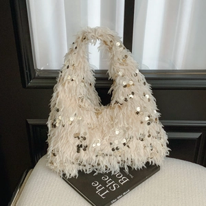 Elegant cream faux feather hobo bag with gold sequins and chain strap for women