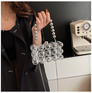 Detail of transparent acrylic spherical handbag with silver metal bead handle and chain