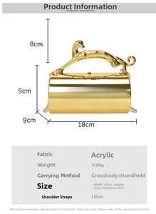 Detail of gold acrylic cylinder evening bag featuring a leopard-shaped handle and metal chain