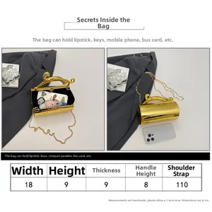 Size guide for gold evening clutch with dimensions 18x9x9cm and leopard handle detail