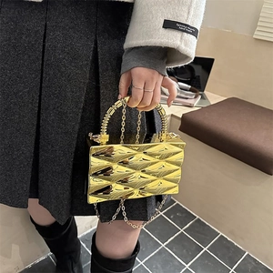 Chic gold acrylic box clutch bag with geometric 3D facets and beaded handle
