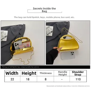 Size chart and interior view of a gold evening clutch with chain strap details
