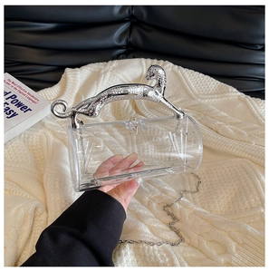 Close-up of clear acrylic cylinder clutch featuring a silver leopard metal handle and chain