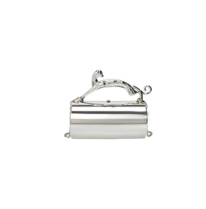 Detailed view of silver cylinder clutch bag with leopard handle and mirror finish texture