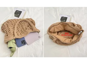 Dettaglio borsa tessuta a mano con tasca principale, fodera con zip e grande capacità