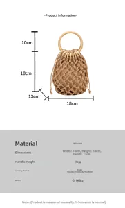 Detailed size chart for the woven bucket bag showing dimensions 18x18x13cm and 10cm handle