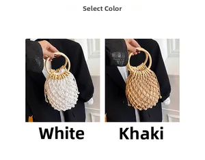 Detail of hand-woven bucket bags in white and khaki with round wooden handles