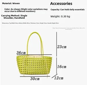 Size guide for hand-woven tote bag with measurements and handle height details