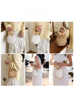 Detailed shots of woven cotton beach bag with round wooden handles and drawstring pouch